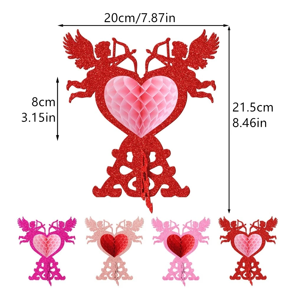 Sweet and Romantic 4-Piece Set of Shiny Angel Heart Honeycomb Desktop 3D Ornaments for Valentine's Day Confession, Engagement, Wedding Celebration, Banquet, Wedding Room DIY Decoration