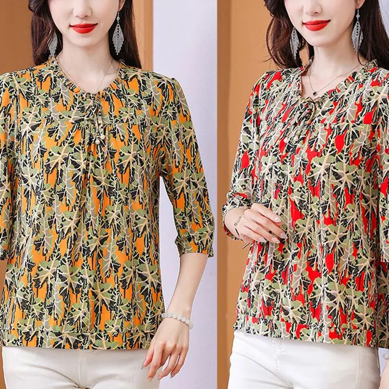 Folk Broken Flowers Blouse Summer Casual Drawstring V-Neck Women's Clothing Half Sleeve Prairie Chic Printed Commute Folds Shirt
