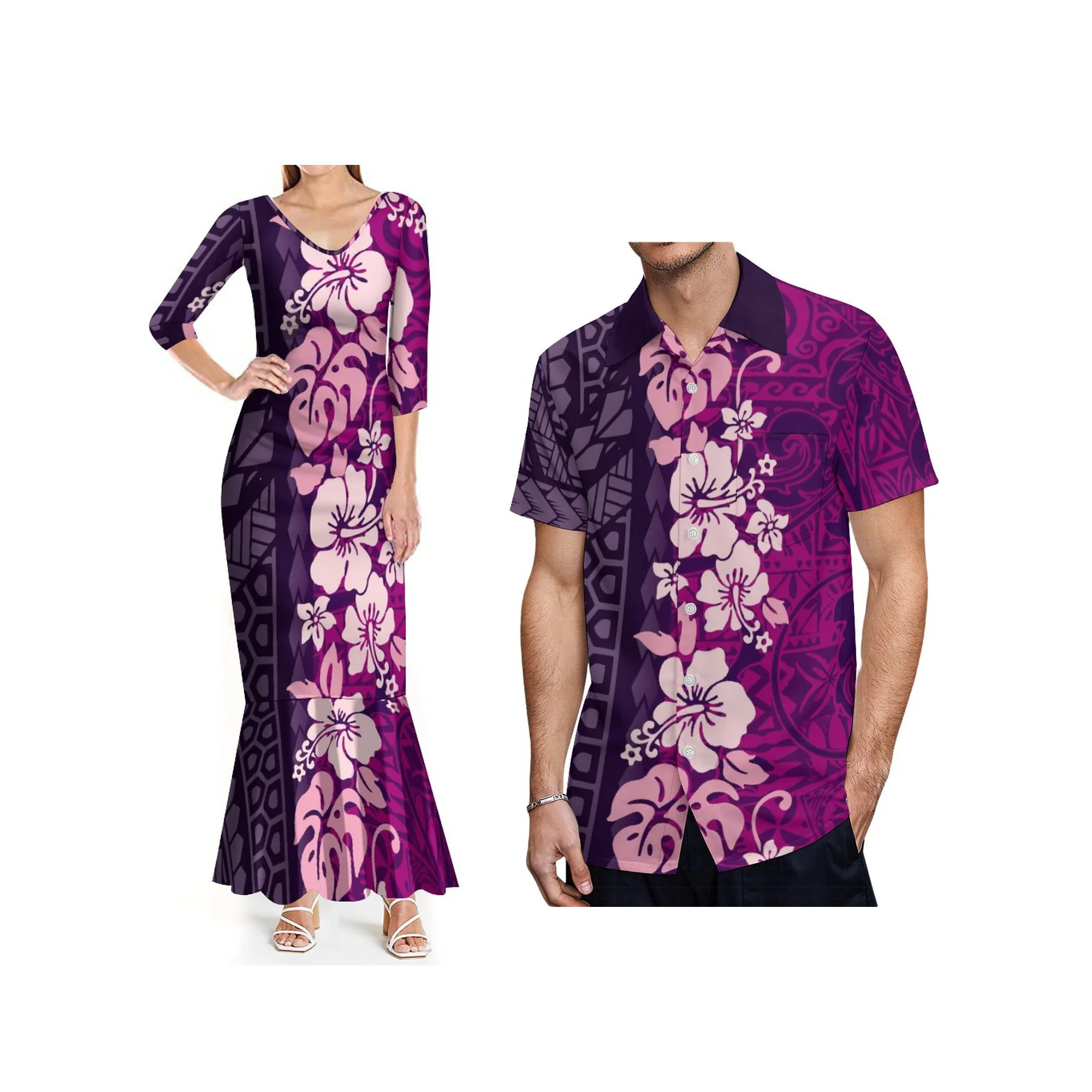 

New Wholesale Customize Print Fishtail Hawaiian Dress Women Elegant Green Polynesian Tribal Maxi Mermaid Dress