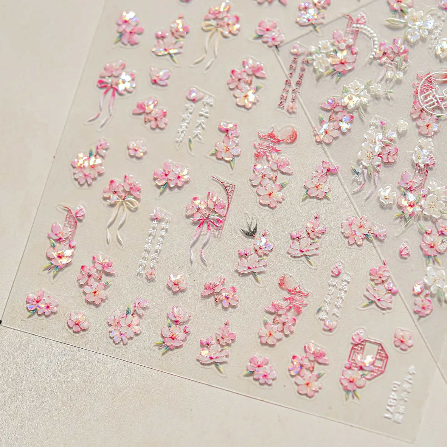 Swallow Window Pattern Peach Blossom Flower Antique Pear Blossom Adhesive 5D Nail Art Stickers Spring Manicure Decals 6