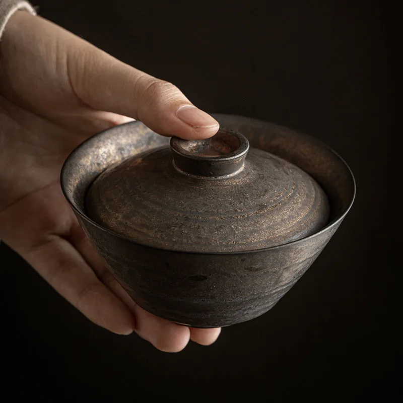 140ml Retro Rust Glaze Ceramic Tea Tureen Chinese Tea Maker Non-hot Gaiwan Handmade Coarse Pottery Bowl Creative Teaware Set