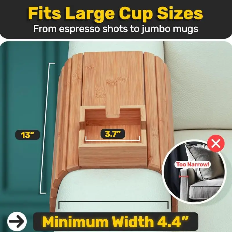Couch Cup Holder Bamboo Wood Sofa Armrest Tray Foldable Sofa Cup Holder Anti-Slip Couch Arm Cup Holder Sofa Side Storage Tray 3