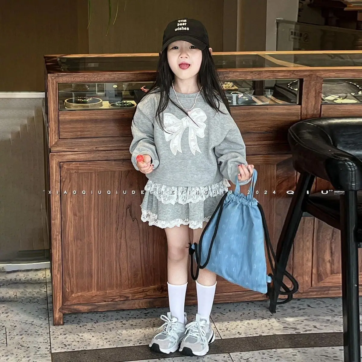 Spring Autumn Korean Kids Girls 2PCS Clothes Set Stylish Bow Sweatshirt Cotton Lace Skirt Suit Childrens Girls Outfits kids clothing set girls clothing set kids sweatshirt set