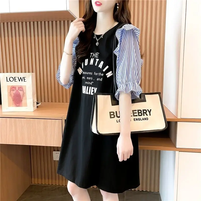 Fashion Printed Spliced Ruffles Letter Striped Fake Two Piece Blouse Female Clothing 2023 Summer New Casual Tops Sweet Shirt
