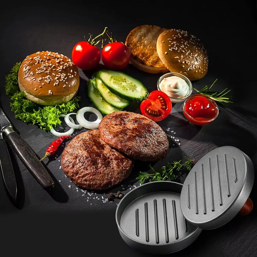 Stainless Steel Burger Patty Press Mold with Wooden Handle, Non-stick, Burger Fast Food Patty Making Molds