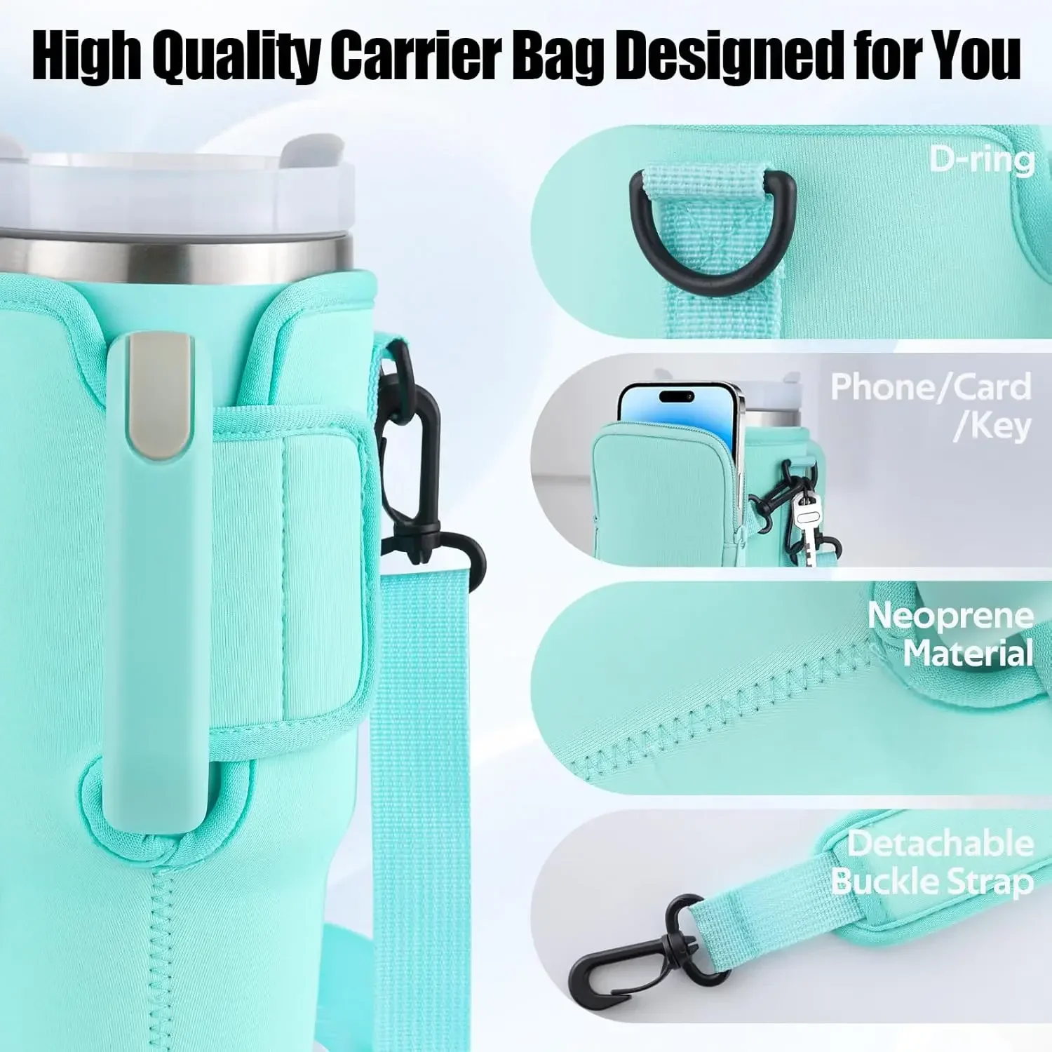 40oz Water Bottle Cover Bag Pouch with Adjustable Straps Neoprene Water Bottle Travel Tote Carrier Bag for Stanley Quencher Cup