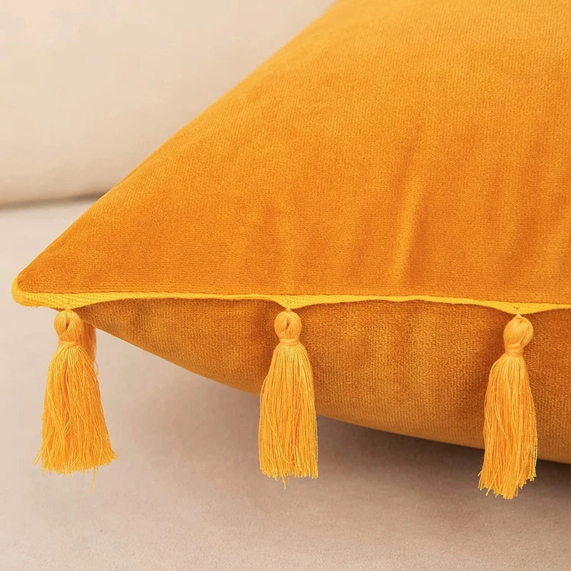 Velvet Soft Solid Decorative Throw Pillow Cover with Tassels Boho Accent Luxury Gift Cushion Case for Couch Bedroom Car Yellow 4