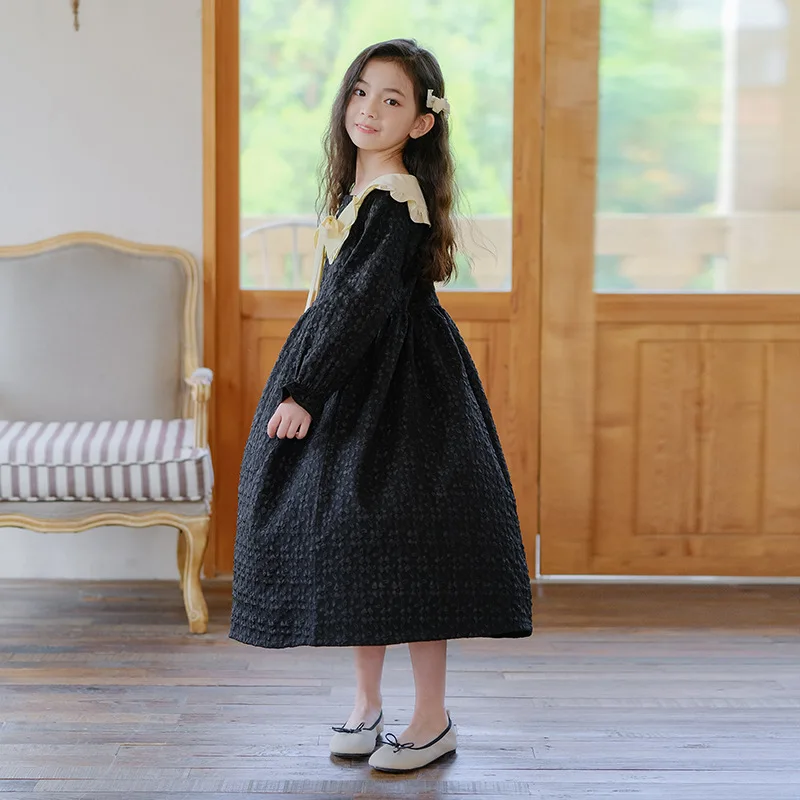 Vintage Jacquard Maxi Girls Dress Kids Long Sleeve Peter Pan