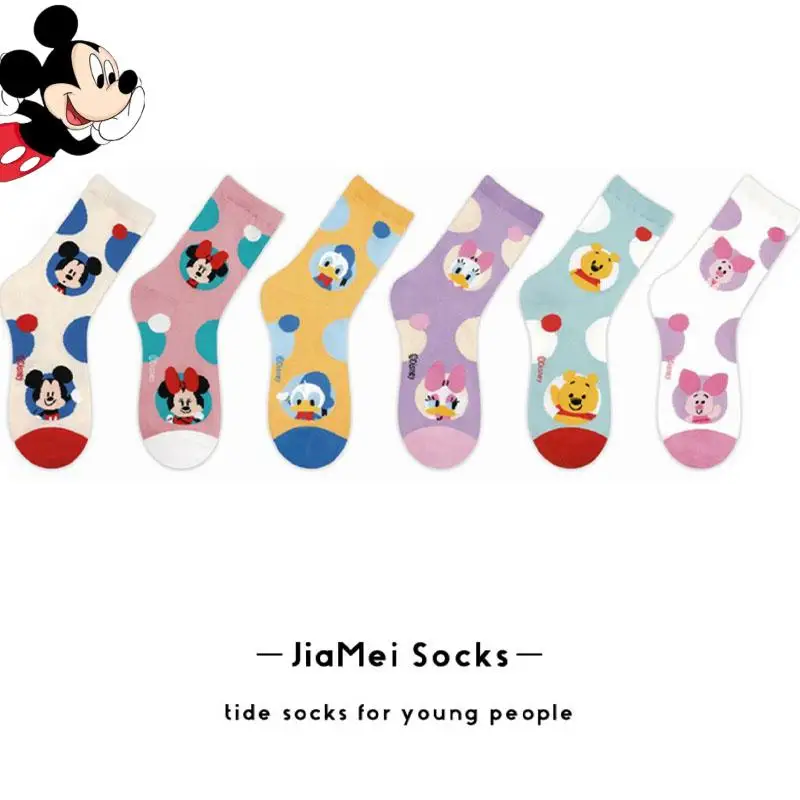 

Disney Winnie Piglet Mid Tube Socks Kawaii Cartoon Mickey Minnie with Korean Dots Socks Cotton Autumn Winter Warm Sock Gift 6Pcs