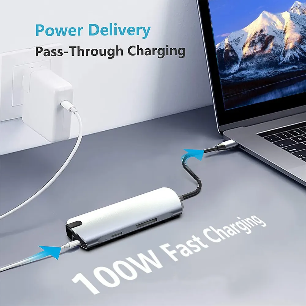 맥북 노트북 컴퓨터 PC용 USB 3.0 허브, USB C 도킹 스테이션, HDMI 4K 30Hz RJ45 PD100W 도킹 SD TF 슬롯, 9 in 1