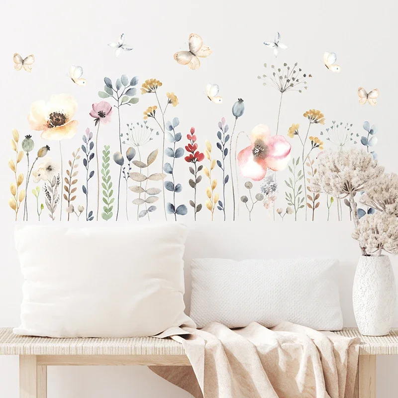 1pc Boho 스타일 수채화 꽃 꽃 벽 스티커 거실 어린이 방 어린이 침실 벽 전사 술 홈 장식