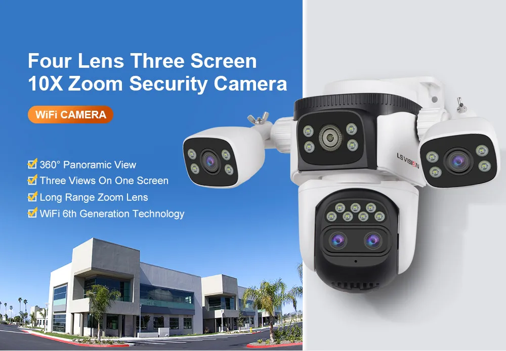 20MP WiFi Security Cameras 10X Zoom Three Screen Four Lens CCTV PTZ Auto Trackin