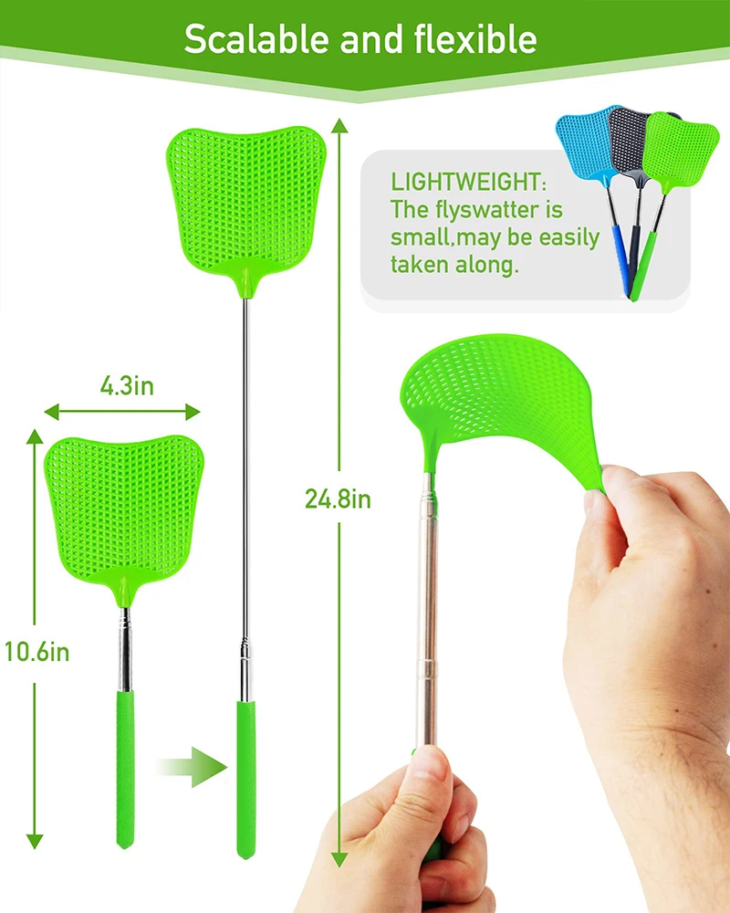 Telescopic  Fly Swatter Plastic Large Bug Swatter That Work with Stainless Steel Extendable Handles for Indoor and Outdoor