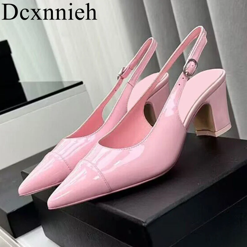 

New Pointed Toe High Heel Sandals Women's Patent Leather Back Strap Square Heels Pumps Summer Fashion Shallow Mouth Single Shoes