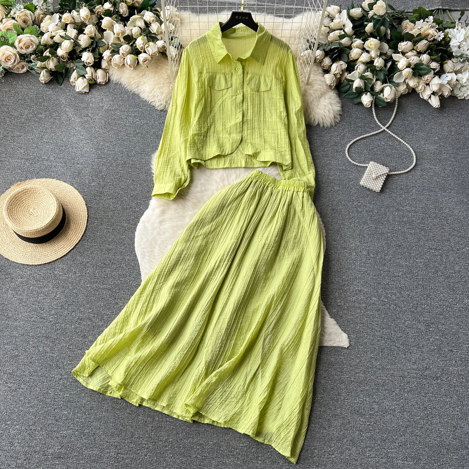 

Elegant Women Blouses Sets Folds Striped Loose One Breasted T-shirt+High Waist A-Line Long Skirt 2pcs Female Casual Outfit Suit