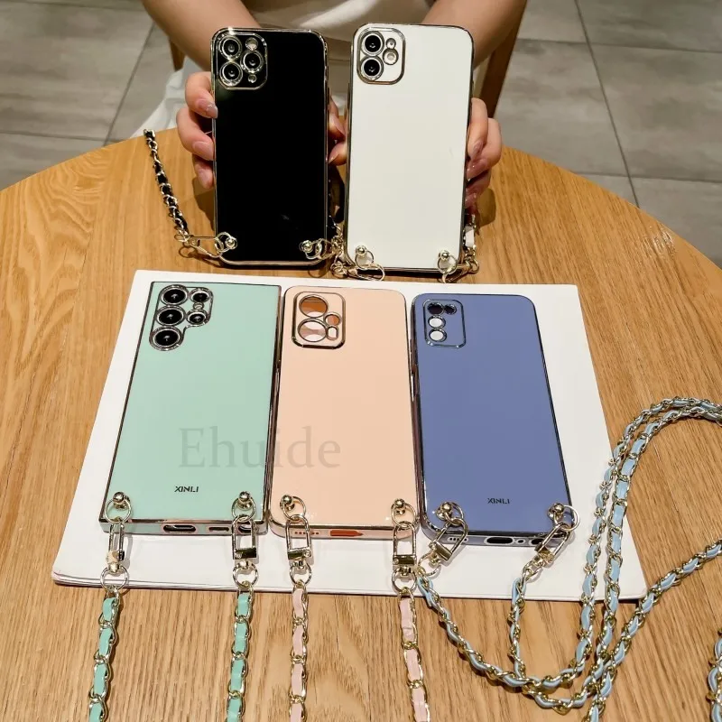 Crossbody Lanyard PU Leather Metal Chain Cover with Strap Plating Case