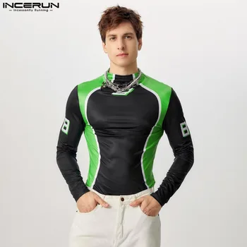 INCERUN American Style Jumpsuits Fashion Men Stritching Digital Printed Tight Homewear Sexy Male Long Sleeved Triangle Bodysuits