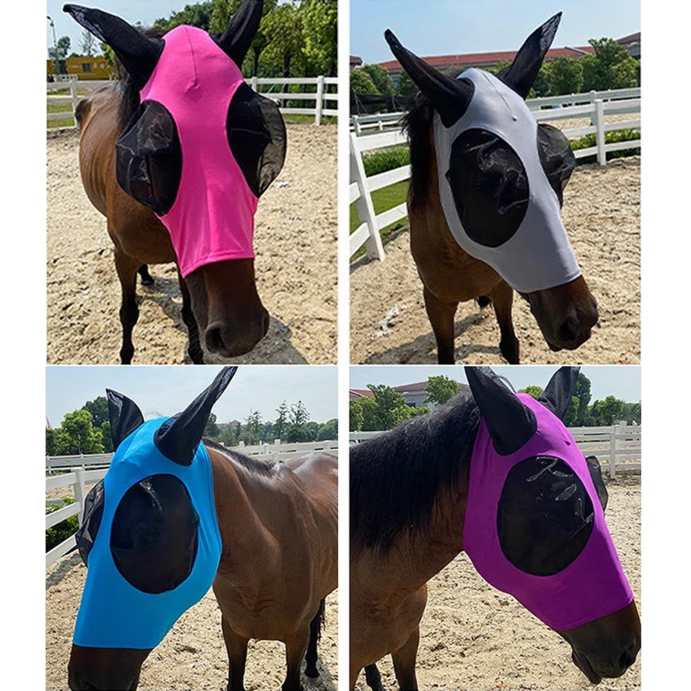 1pc Horse Flying Mask Anti-Fly Worms Breathable Stretchy Knitted Mesh Masks With Ears Horse Riding Equipment 5