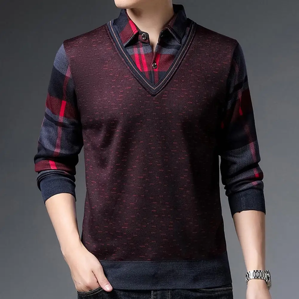 

Men Color-block Sweater Men Autumn Sweater Stylish Men's Mid-aged Father Daily Shirt Knitted Plaid Print Sweater for Winter/fall