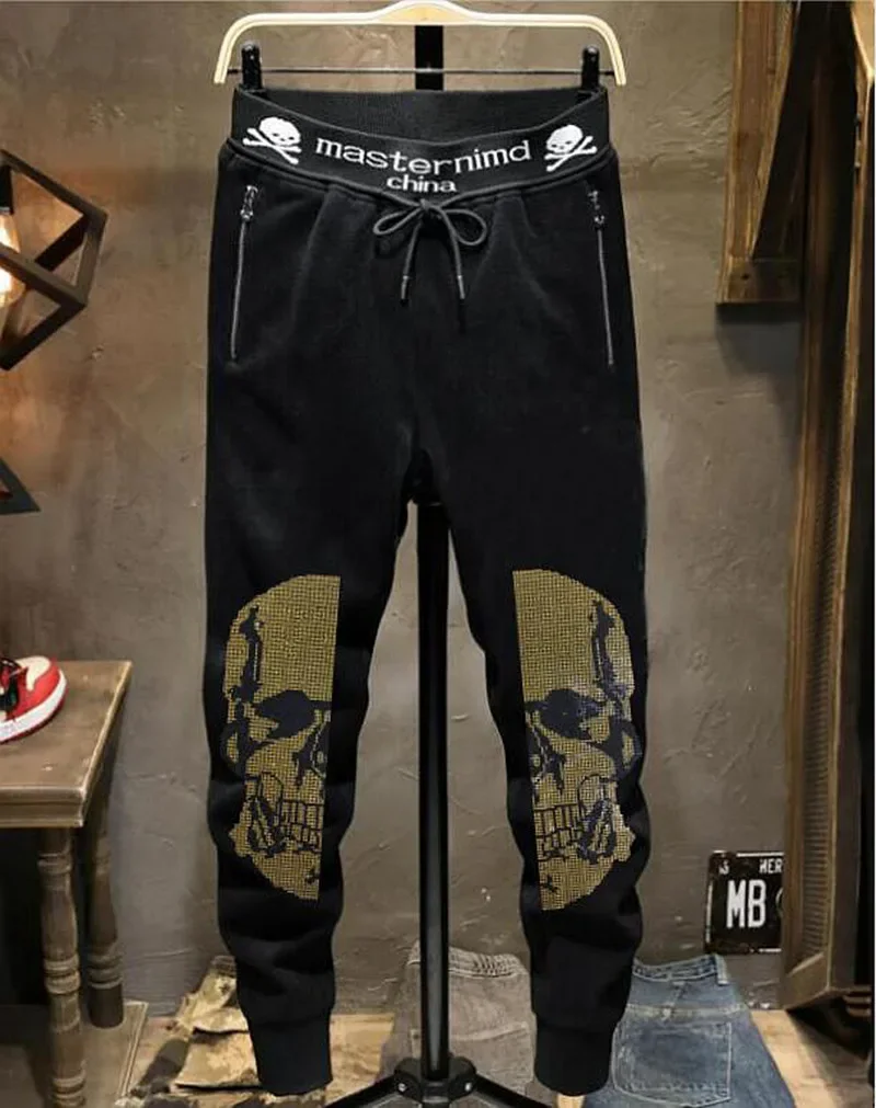 

Streetwear Fashion Anime pants men's thin Skulls Rhinestones zipper quality