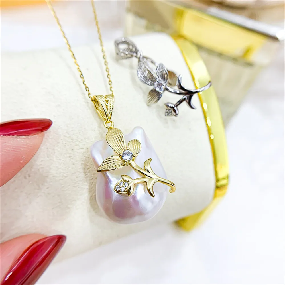 

DIY Pearl Accessories S925 Sterling Silver Pendant with Empty Holder Gold Silver Necklace Pendant with 13-18mm Beads