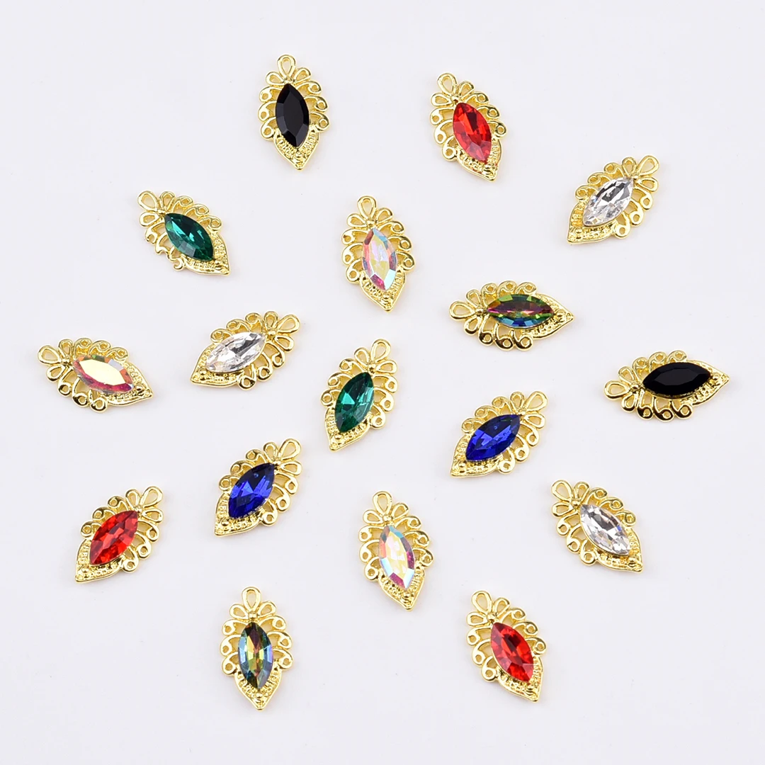 10pcs Luxury Gold Alloy 3d Nail Charms Design Shine Gem Stone Nail Art Decoration Jewels Accessories Supplies for Women Girl