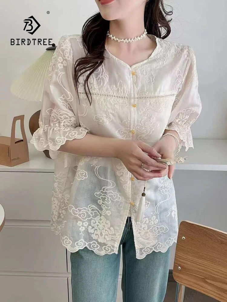 

New Spring Cotton Embroidery Shirt Women O Neck Half Sleeve Loose Retro Top Girl Literature Sweet Blouse 2024 Autumn T44508QC