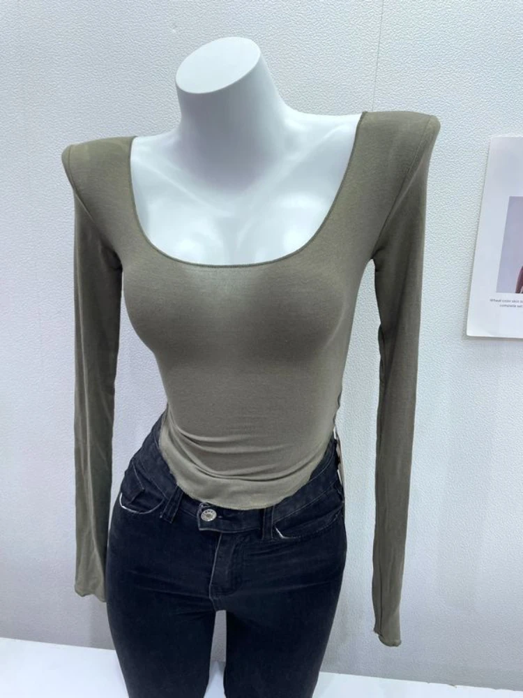 Wholesale Sexy Slim T Shirts See-through Tops Women Spring High Strecth Tight Tops Long Sleeve Low U Neck Skinny Solid T Shirt