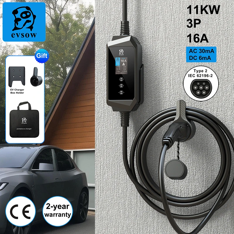 

evsow Three-Phase 11kw Electric Car Type2 Portable Charger EVSE Charging Box 5M Cable 16A CEE Plug Electric Car Charger Wallbox
