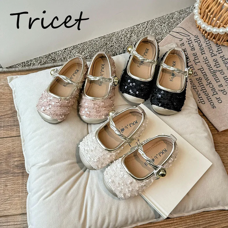 

Fashion Paillette Girls Princess Shoes Patchwork PU Hook Loop Toddler Children Flats Shoes Soft Non Slip Kids Mary Janes