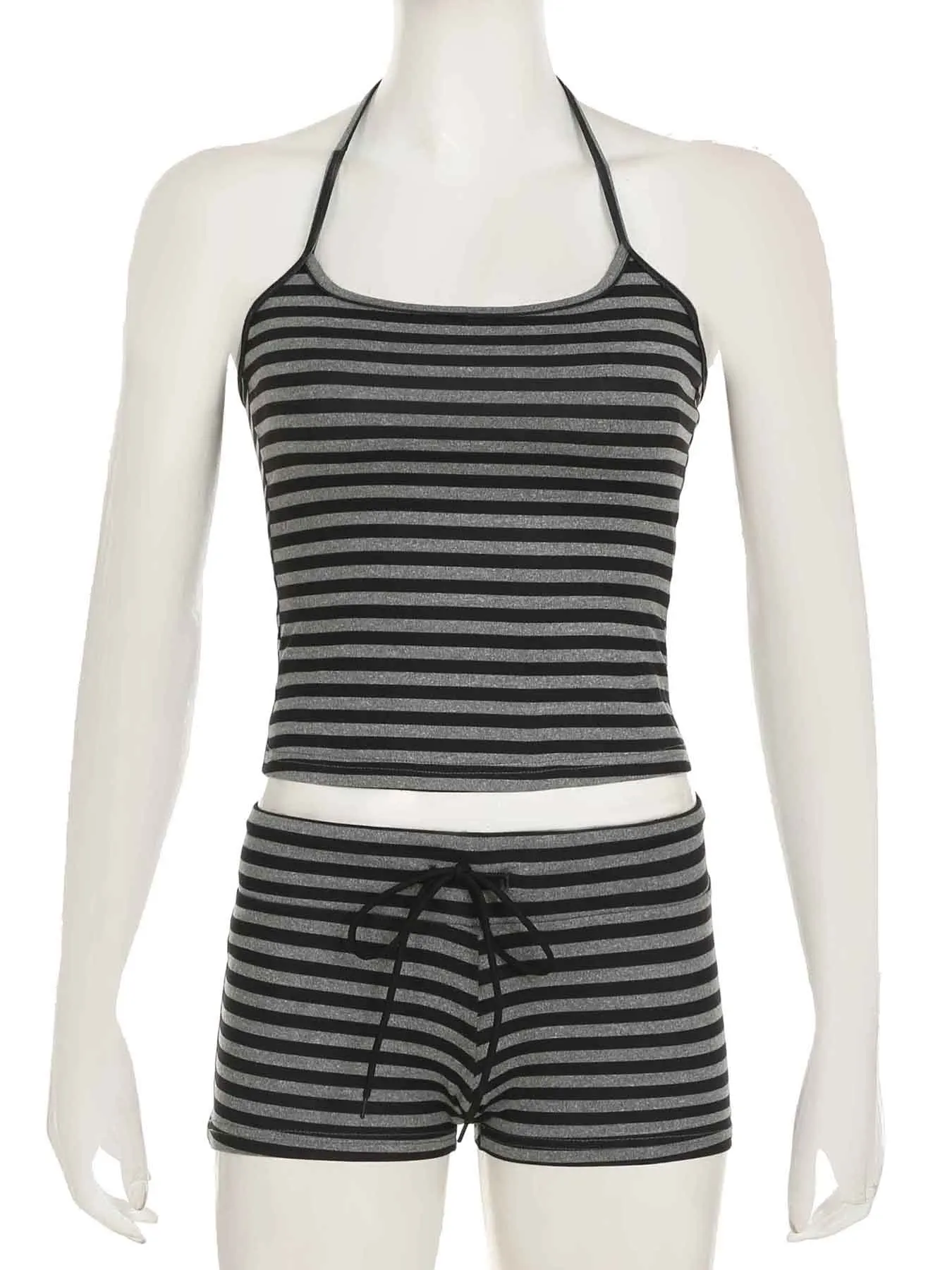 IAMSURE Casual Striped Shorts Set Women 2024 Y2K Slim 2 Piece Sets Housewear Backless Bandage Halter Top Low-Waisted Shorts Lady 4