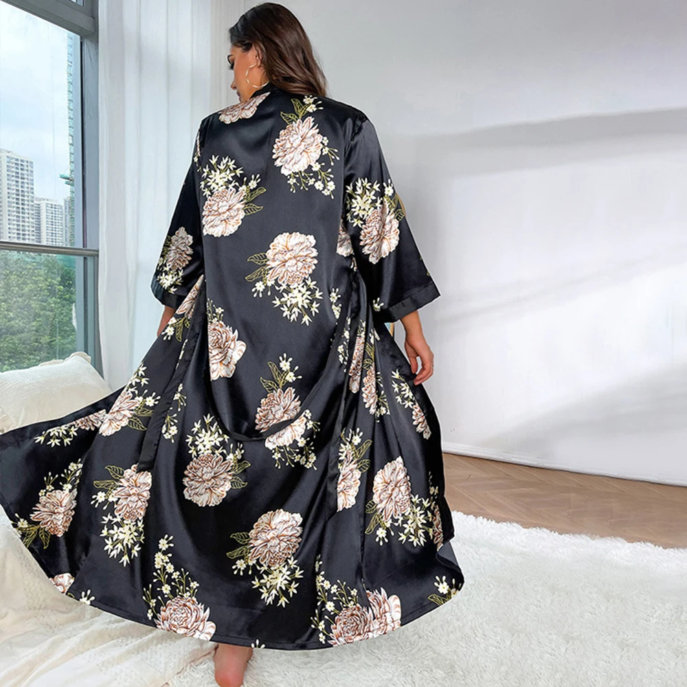 Women's Floral Printed Long Satin Robes Plus Size Full Length Silk Bath Robes 2XL-5XL Big Size Kimonos Sleepwear Dressing Gown