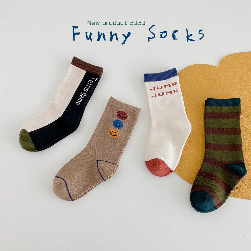 Children Socks 4 Pairs Autumn Letter Sport Cotton Non-slip Kids Boys Girls Calf