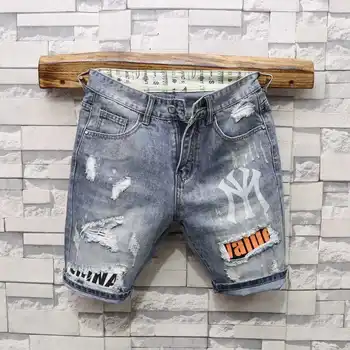Summer Luxury Clothing Casual Knee Length Solid Jeans Men New Printed Denim Korean Fashion Ripped Patchwork Slim Shorts Male 1