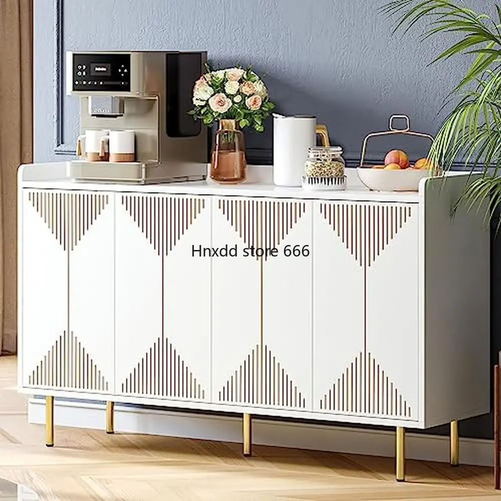 Sideboard et Cabinet Modern Design Carved Doors Storage Hallway TV Stand White 4-Door Large Shelves Accent Organizer