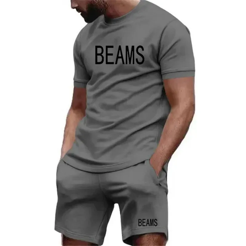 패션 브랜드 BEAMS 남자 티셔츠 + 반바지 2 조각 세트 Tracksuit 남성 캐주얼 여름 짧은 소매 면화 통기성 남성 의류