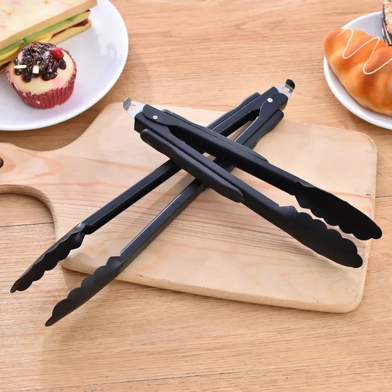 Black Stainless Steel Long Handle Food BBQ Tongs Cake Clip et Serving Clamp Tableware Cooking Utensils Kitchen Accessories