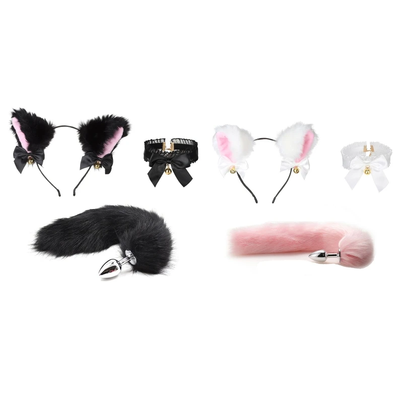 

449B Lolita Plush Cute Animal Ears Headdress + Tail+ Bell Necklace Decor Cosplay Toys Set Gift for Cosplayers Photo Shooting