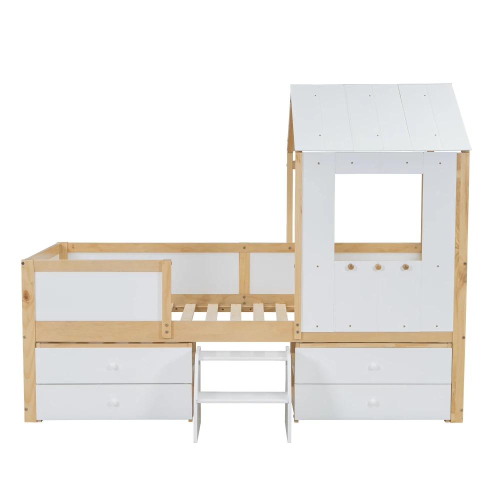 90 x 200 cm großes Schlafzimmer-Halbhochbett, Hausbett mit Dach und Fenster, vierseitiger Zaun, mit 4 Schubladen und kleinen Treppen, Weiß + Natur – Detail 15