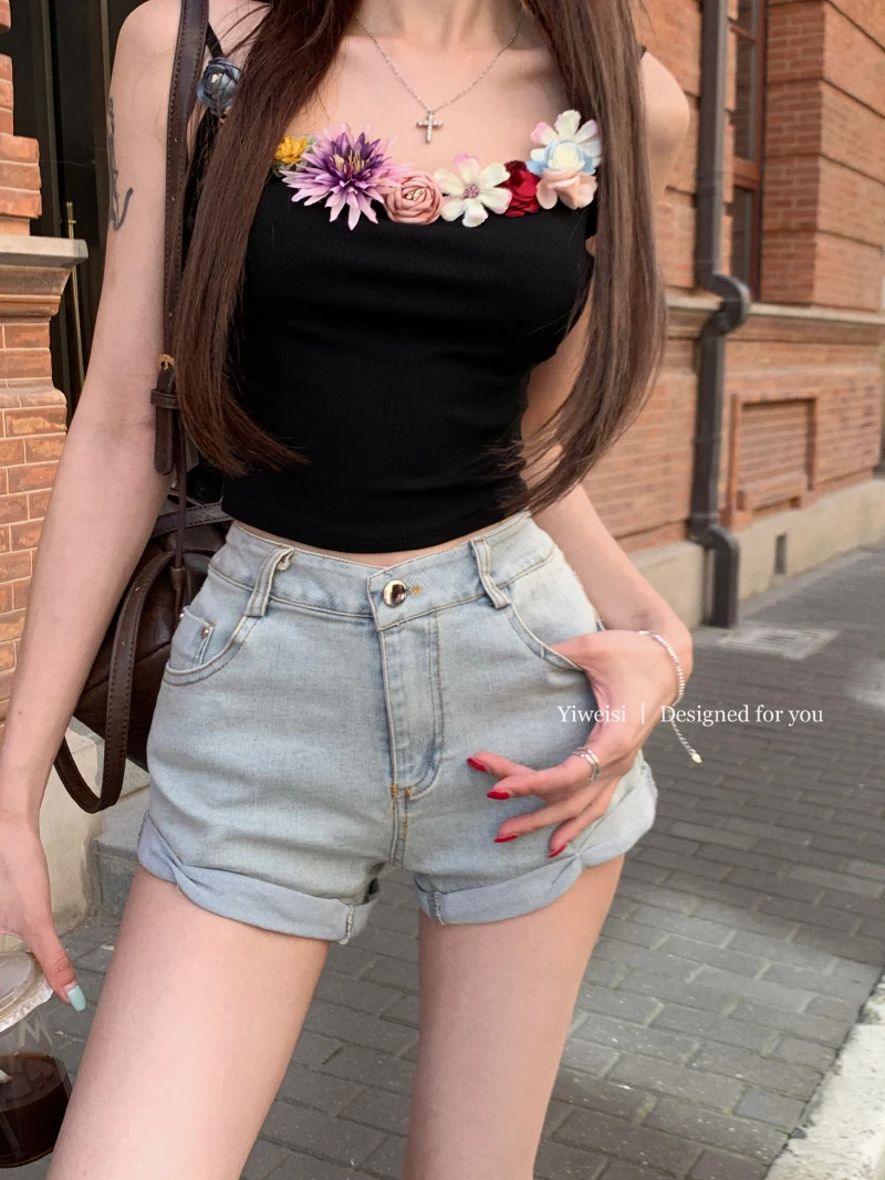 

Slergiri Women Y2k Retro Rolled Hem Denim Shorts Summer American Streetwear Sexy Low Waist Stretch Jeans Shorts Female 2024