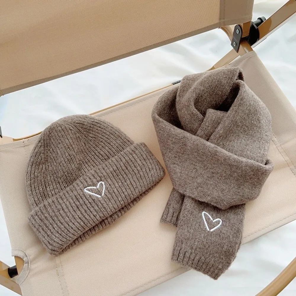 Love Heart Embroidery Knitted Hat Scarf Set Thickened Solid Color Crochet Warm Beanie Cap Korean Style Anti-cold Neck Warmer Set