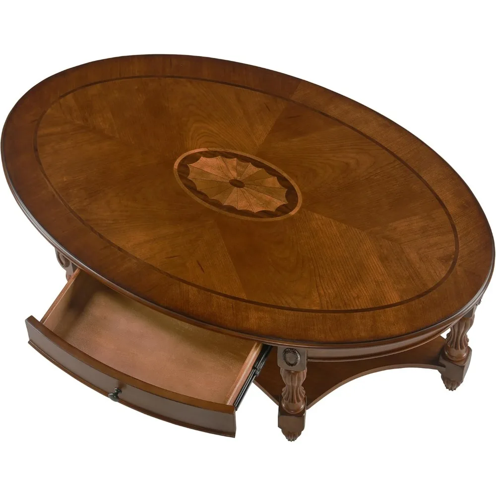 Traditional Wood Oval Coffee Table with Drawer, Beewax Living Room Cocktail Tea Table with Storage Shelf Center Table with Carv 4
