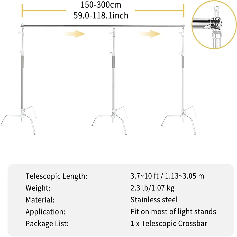 3M Max Length Telescopic Crossbar Photography Adjustable C-Stand Tripod Pole Sta