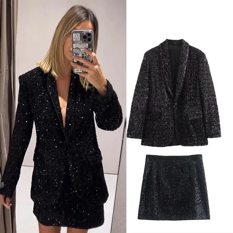 

TRAF Fitted Sequin Blazer For Women 2024 New Fashion Lapel Long Sleeves Jackets Woman Elegant Chic Pocket Single Button Blazers