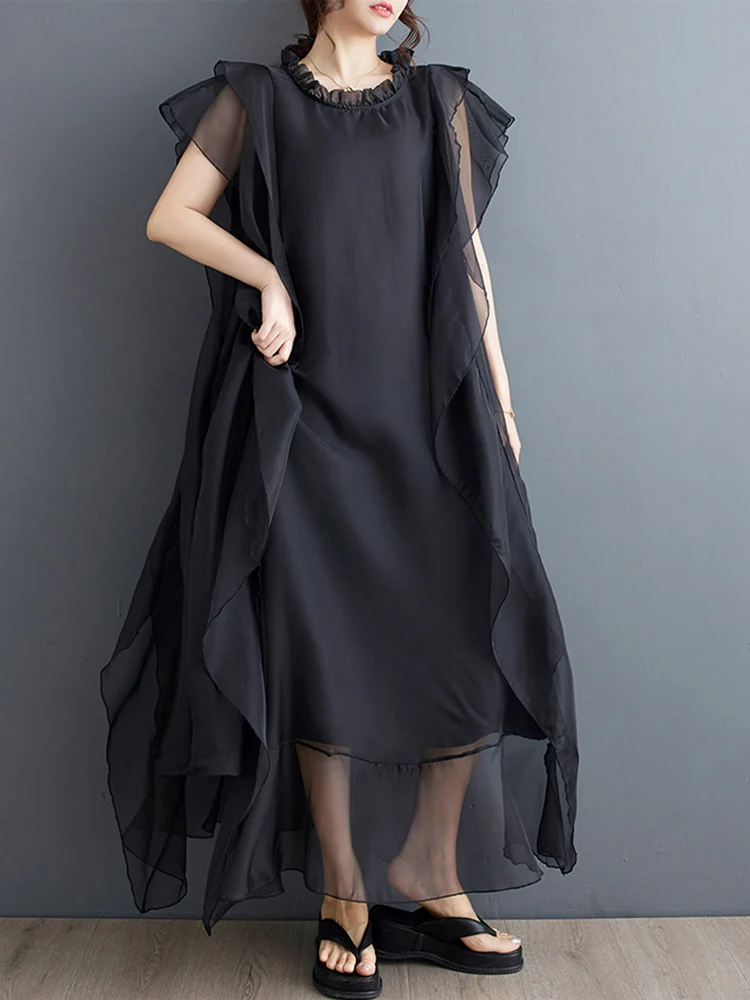 Organza Irregular Patchwork Ruffles Dresses For Women 2025 Summer New Sleeveless Loose Casual Midi Dress Fashion Elegant Clothes