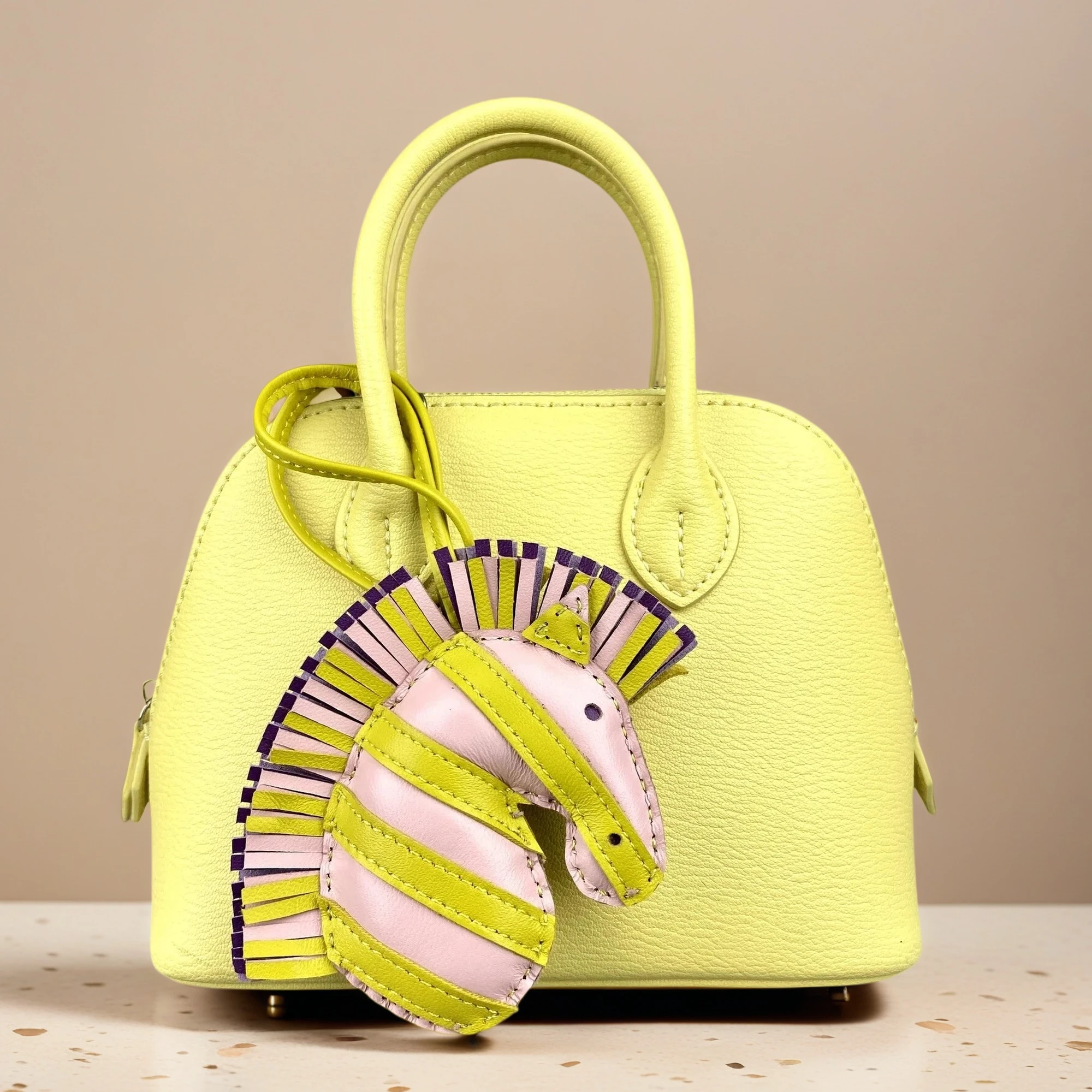 Majestic Unicorn Zebra Horse Head Bag Charm - Genuine Sheepskin Leather Accessory, Handmade 3D Mane Decor