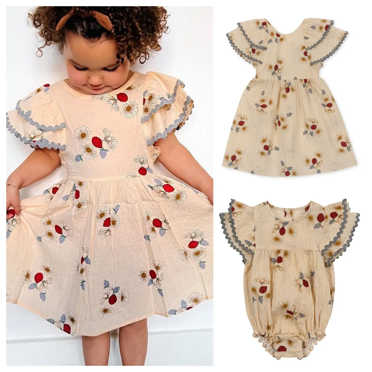 

Girls KS Dress 2023 Summer New Small Flower Beetle Flying Sleeve Dress Seven-star Ladybug Hemp Cotton Romper Girls Clothes