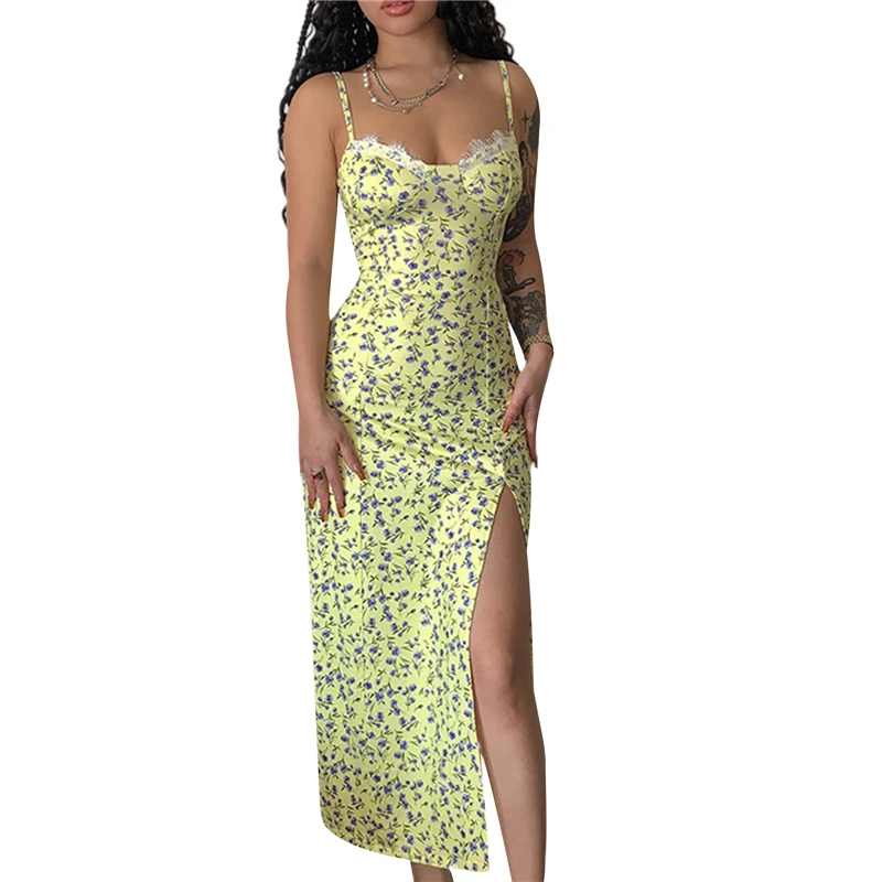 

y2k Vintage Floral Dress Women Sexy Lace Trim Spaghetti Strap Sleeveless High Slit Midi Dresses Sundress Party Clubwear