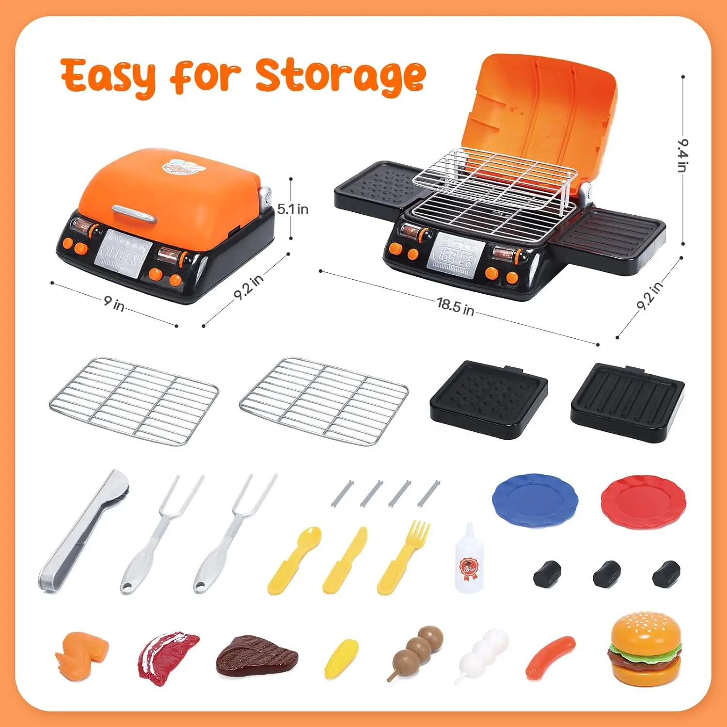 CUTE STONE 2-Layer BBQ Toy Set, Kids Grill with Food, Smoke Sound & Light, Camping BBQ Gift 4
