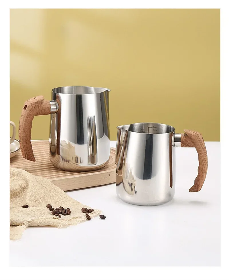 Description Picture 3 of item600/900ML Coffee Milk Frothing Pitcher Jug with Scale 304 Stainless Steel Latte Steam Coffee Pot Wooden Handle Latte Coffee Cup
